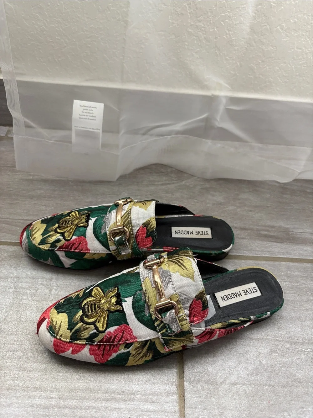 Green Red Floral Embroidered Mules with Gold Bee